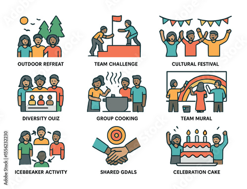 Team-Building Icon Set. Flat icon set of team-building in diverse environments: outdoor retreat, team