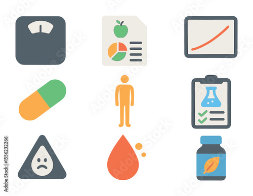 Malnutrition Icon Set. Flat icon set of malnutrition indicators: weight scale, nutrition report, BMI chart,