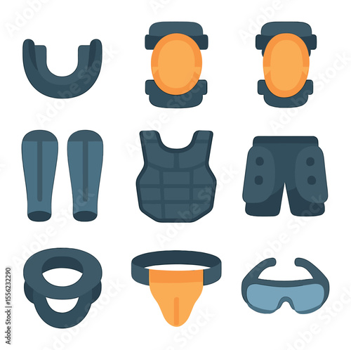 Sports Protection Icons. Flat icon set of protective sports equipment: mouthguard, knee pads, elbow pads, shin