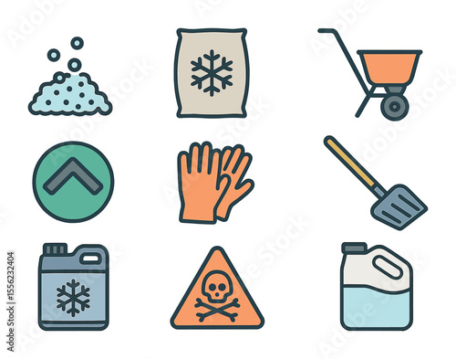 Snow Melting Tools Icons. Flat icon set of snow melting chemicals and tools: de-icing pellets, calcium