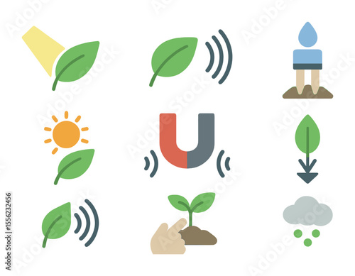 Plant Sensory Icons Grid. Flat icon set of plant sensing and stimuli: light beam to leaf, vibration waves,