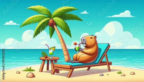An illustration of a capybara lying on a chaise longue by the ocean under a palm tree and drinking a cocktail. Vector graphics. EPS.