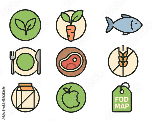 Dietary Icons Grid. Flat icon set of dietary lifestyles: vegan symbol, vegetarian symbol, pescatarian fish,