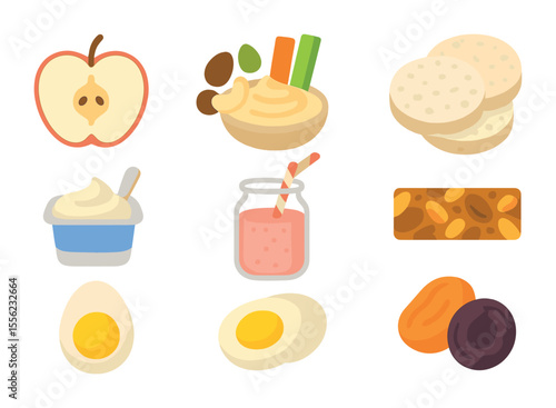 Healthy Snack Icons. Flat icon set of healthy snacks: sliced apple, trail mix, hummus with veggies, rice cakes