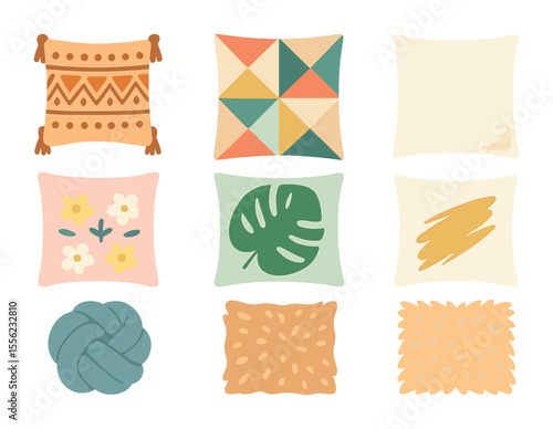Decorative Pillow Icons. Flat icon set of decorative pillow styles: boho pillow, geometric print, minimalist