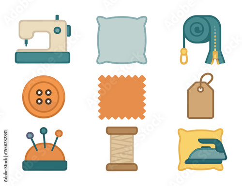 DIY Pillow Icon Set. Flat icon set of DIY and handmade pillows: sewing machine, pillow insert, zipper roll,