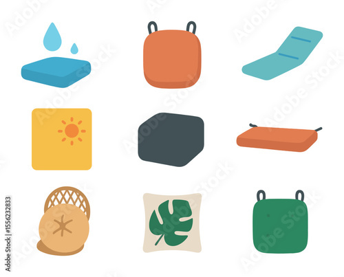 Outdoor Cushion Icons. Flat icon set of outdoor cushions and pillows: waterproof cushion, patio seat pad, sun