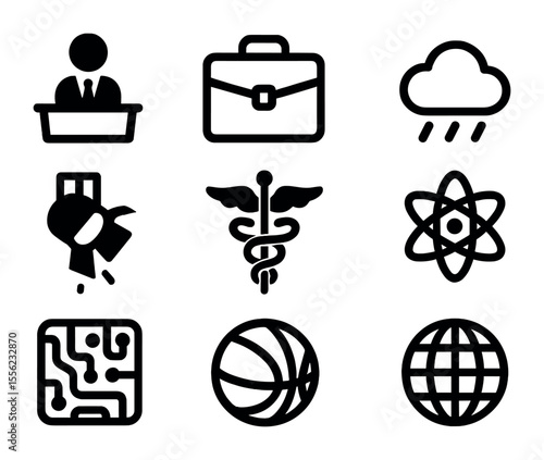 Diverse News Icons. Flat icon set of different news topics: politics icon, business briefcase, weather cloud,