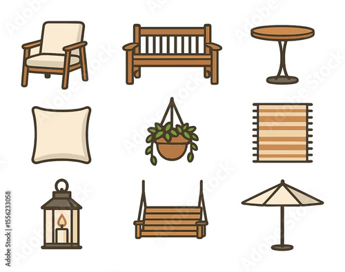 Outdoor Furniture Icons. Flat icon set of outdoor furniture and decor: patio chair, garden bench, bistro table