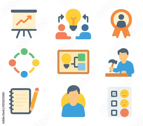 Youth Workshop Icons. Flat icon set of youth workshops and training: flipchart icon, idea exchange, workshop