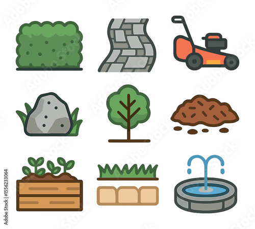 Front Yard Icons. Flat icon set of front yard landscaping: trimmed hedge, paver path, lawn mower, decorative