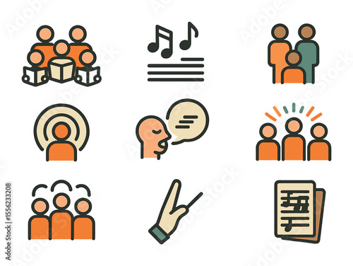 Choral Singing Icons. Flat icon set of choral singing techniques: choir group, harmony notes, SATB formation,