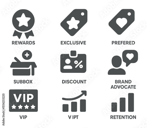 Brand Loyalty Icons. Flat icon set of brand loyalty indicators: rewards badge, exclusive offer, preferred