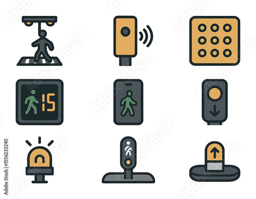 Pedestrian-Friendly Icon Set. Flat icon set of pedestrian-friendly traffic systems: illuminated crosswalk,
