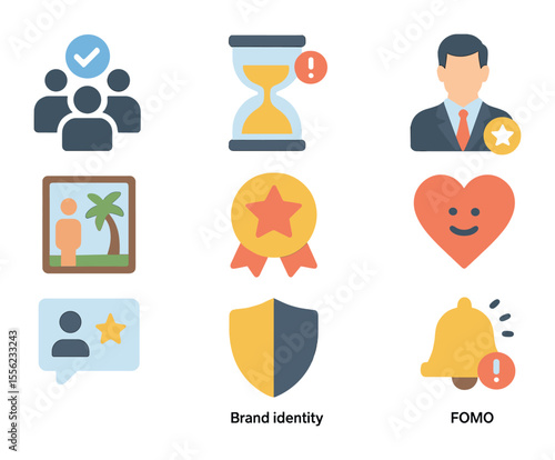 Psychological Influence Icons. Flat icon set of psychological buying influences: social proof icon, scarcity