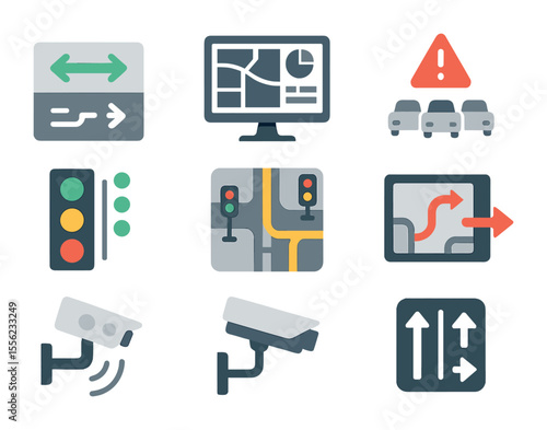 Urban Traffic Icons. Flat icon set of urban traffic management: traffic flow chart, control center monitor,