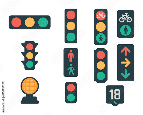 Traffic Light Icon Set. Flat icon set of traffic light variations and designs: horizontal light bar, vertical