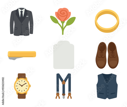 Groom Fashion Icons. Flat icon set of groom fashion: tailored suit, boutonniere, wedding band, tie clip, dress
