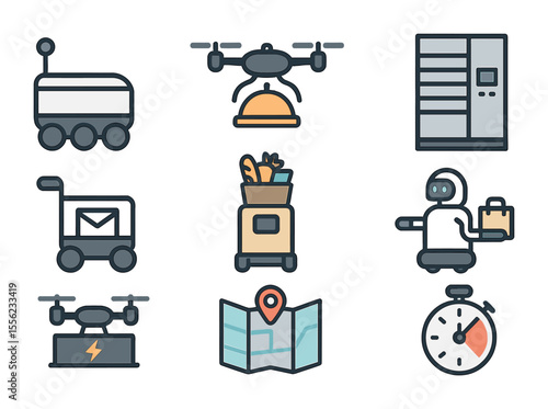 Autonomous Delivery Icons. Flat icon set of autonomous delivery systems: sidewalk delivery bot, food delivery
