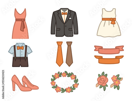 Wedding Party Fashion Icons. Flat icon set of wedding party fashion: bridesmaid dress, groomsman suit, flower