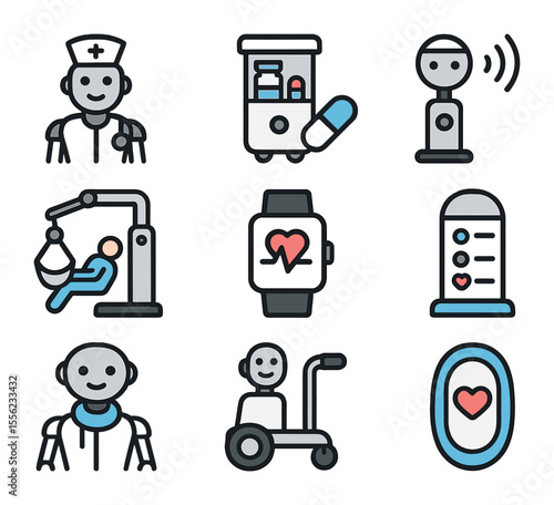 Healthcare Robot Icons. Flat icon set of healthcare assistant robots: robotic nurse, medication dispenser bot,