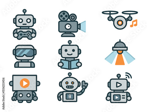 Entertainment Robot Icons. Flat icon set of entertainment and leisure bots: game-playing robot, movie