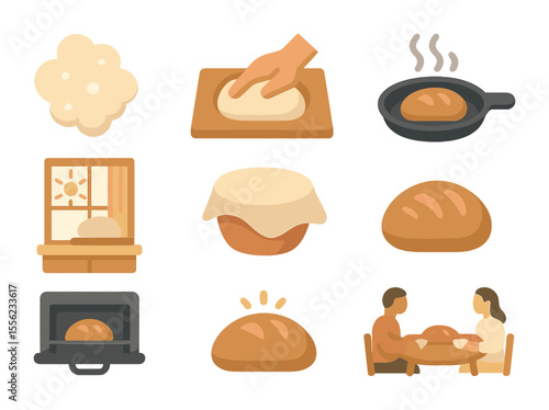 Traditional Bread Icons. Flat icon set of traditional bread-making moments: flour dust cloud, wooden kneading