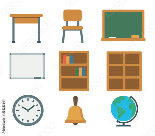 Classroom Furniture Icons. Flat icon set of classroom furniture: student desk, teacher chair, chalkboard,