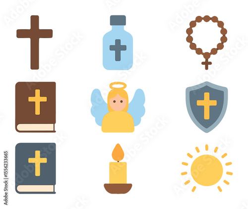 Protection Symbols Grid. Flat icon set of symbols of protection from evil: crucifix, holy water, rosary, Bible