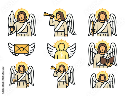 Archangel Icon Set. Flat icon set of archangels in Christian tradition: Michael with sword, Gabriel with