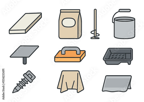 Drywall Materials Icons. Flat icon set of drywall and plaster materials: drywall sheet, plaster bag, mixing
