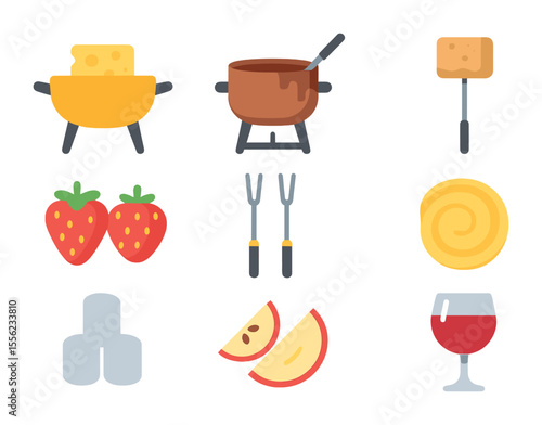Fondue Essentials Icons. Flat icon set of fondue essentials: cheese pot, chocolate fondue, skewered bread,