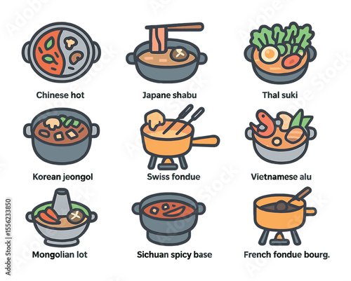 Global Hot Pot Icons. Flat icon set of global hot pot styles: Chinese hot pot, Japanese shabu-shabu, Thai suki