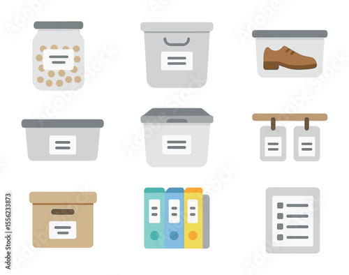 Home Storage Icons. Flat icon set of organizing home storage: labeled pantry jar, labeled closet bin, shoe