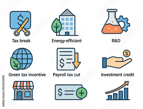 Tax Incentive Icons. Flat icon set of tax incentives and credits: tax break symbol, energy-efficient building,