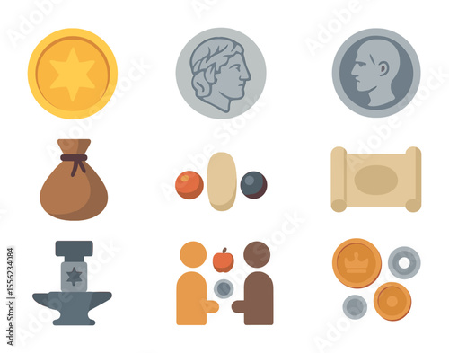 Historical Currency Icons. Flat icon set of historical currencies: gold coin, silver drachma, Roman denarius,