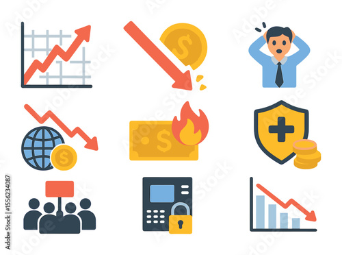 Currency Crisis Icons. Flat icon set of currency crisis and inflation: hyperinflation chart, crashing currency