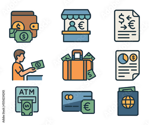 Travel Currency Icons. Flat icon set of foreign currency in travel: travel wallet, money exchange booth,