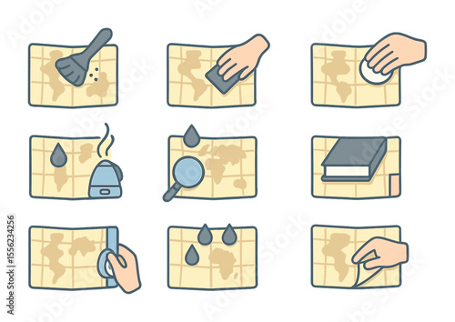Map Cleaning Icons. Flat icon set of map cleaning procedures: soft brush dusting, surface dirt removal, gentle