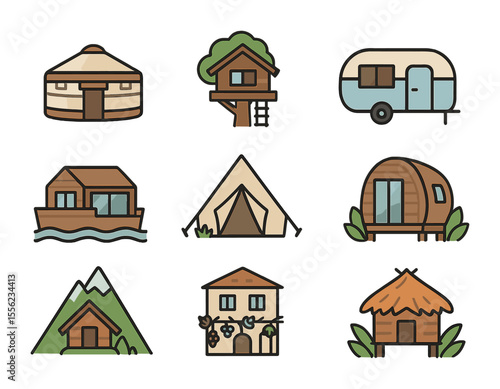 Unique Travel Stays Icons. Flat icon set of unconventional travel stays: yurt, treehouse, vintage camper,
