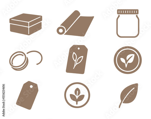 Sustainable Packaging Icons. Flat icon set of sustainable packaging design elements: kraft box, paper wrap,