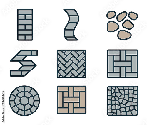 Walkway Layout Icons. Flat icon set of walkway layout styles: straight path, curved path, zigzag design,