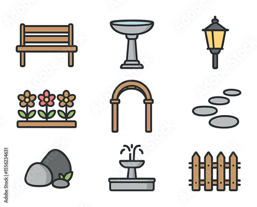 Garden Decor Icon Set. Flat icon set of garden path enhancements: bench seat, birdbath, garden lantern, flower