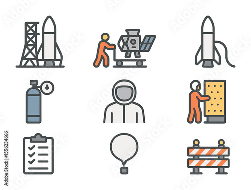 Spacecraft Preparation Icons. Flat icon set of pre-launch spacecraft prep: rocket assembly, satellite loading,