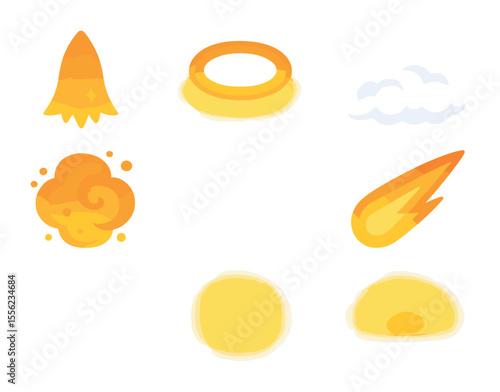 Liftoff Effects Icons. Flat icon set of liftoff visual effects: rocket flames, shockwave ring, vapor cloud,