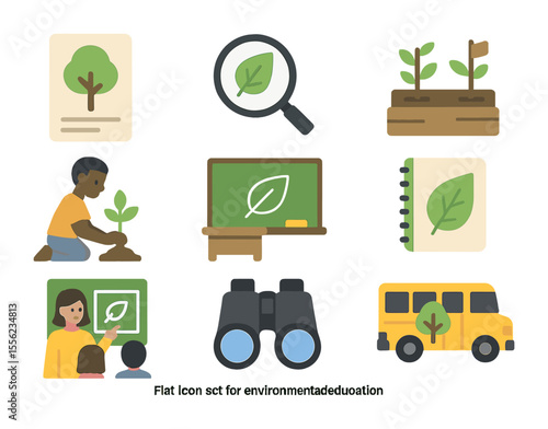 Urban Eco Education Icons. Flat icon set of environmental education for urban youth: tree ID flashcard,