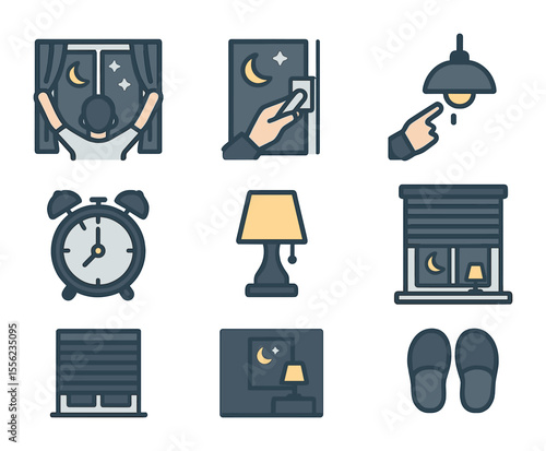 Bedtime Window Icons. Flat icon set of bedtime window routine: closing curtains, locking window, turning off