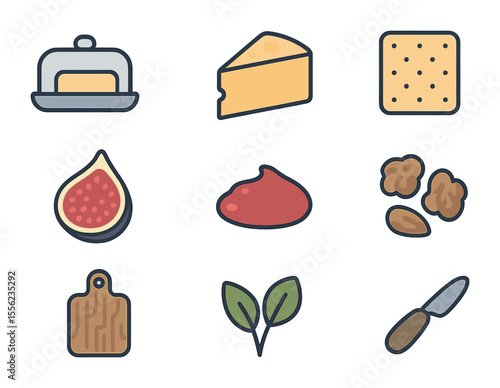Charcuterie Icons Set. Flat icon set of charcuterie and snack board: butter dish, cheese wedge, cracker, fig