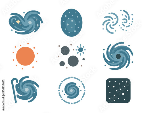 Future Galaxy Icons. Flat icon set of future galaxy scenarios: Milky Way–Andromeda collision, elliptical