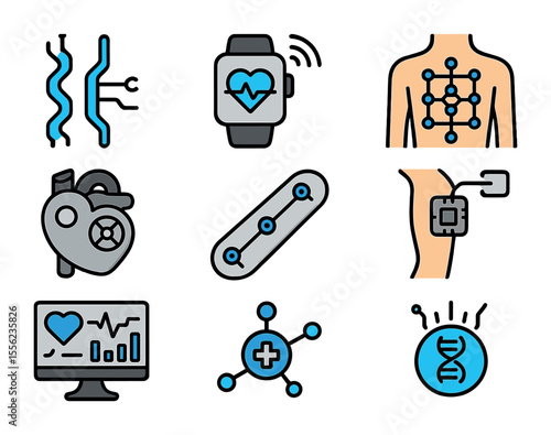 Medical Cybernetics Icons. Flat icon set of medical cybernetics: synthetic nerve line, remote health monitor,